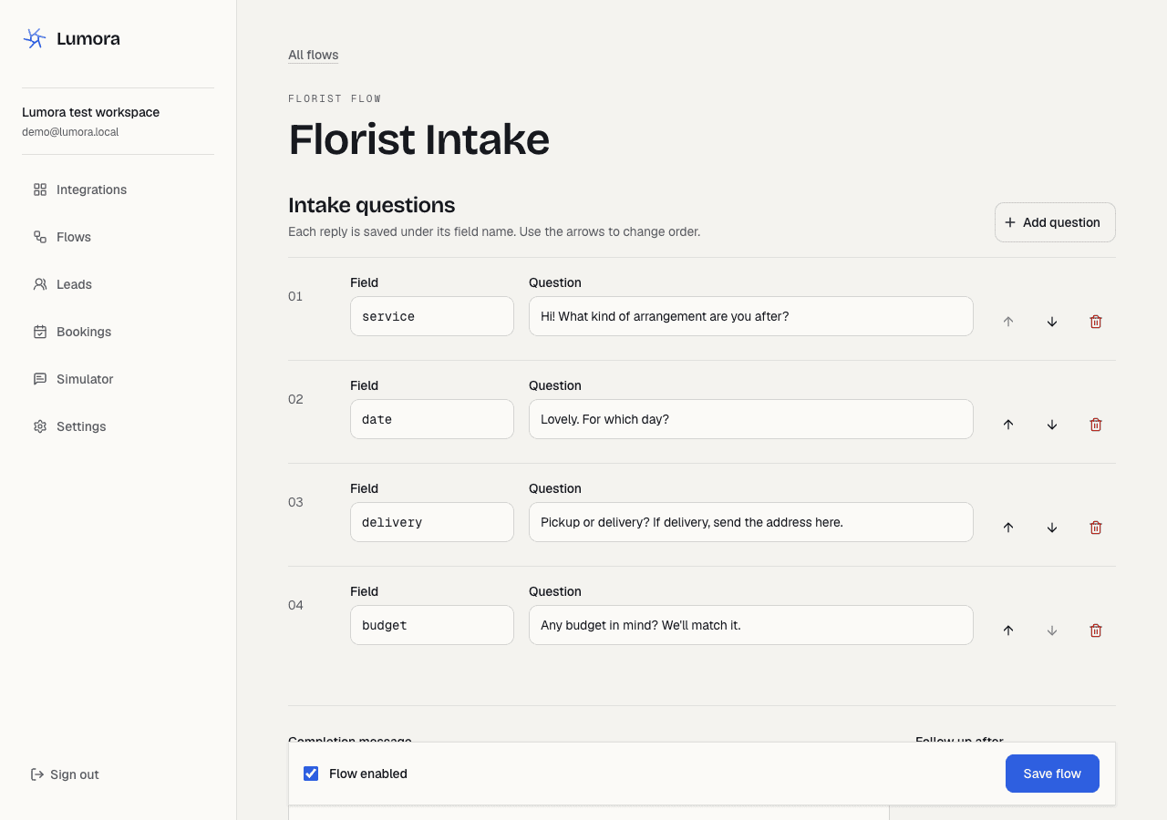 Lumora flow editor with reorderable florist intake questions and FAQ pairs